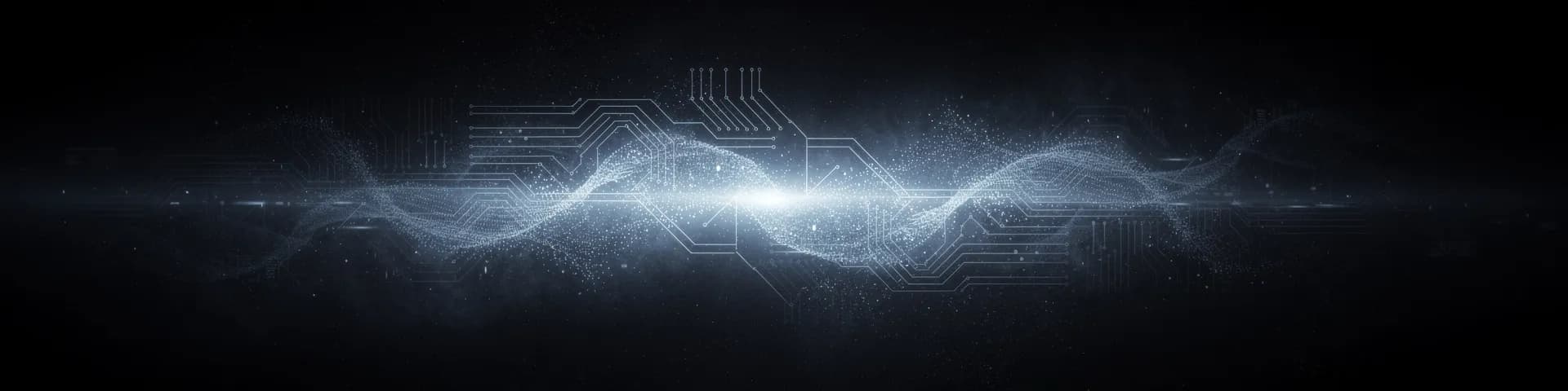 Wave of light particles flowing through faint circuit traces on a dark background